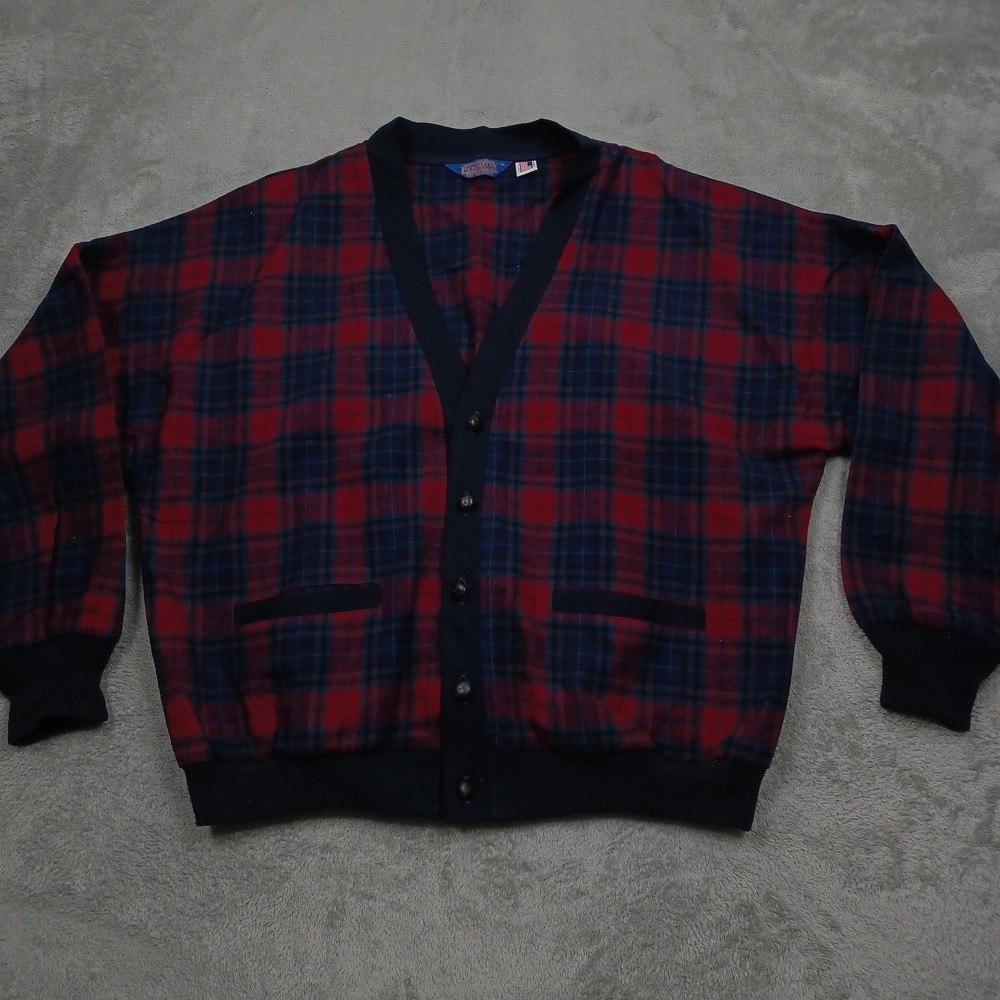 Vintage Pendleton Sweater Mens XL Blue Plaid Cardigan Button Up Pockets Wool